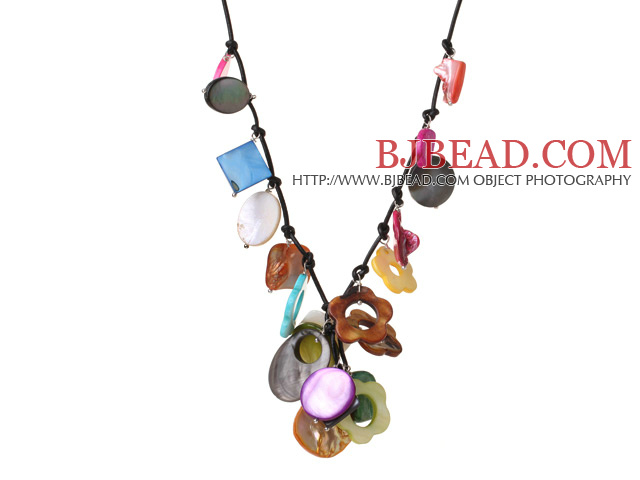 Summer Cute Design Multi Color Seashell Pendant Necklace with Black Leather