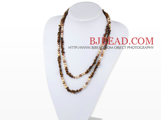 Assorted Freshwater Pearl and Tigey Eye Long Style Necklace