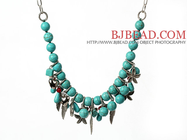 Turquoise Necklace with Tibet Silver Accessories and Metal Chain