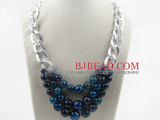 Three Layer Faceted Blue Agate Necklace with Metal Loop Chain