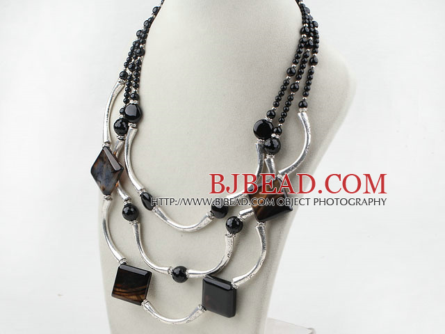 Three Strands Assorted Black Agate Necklace
