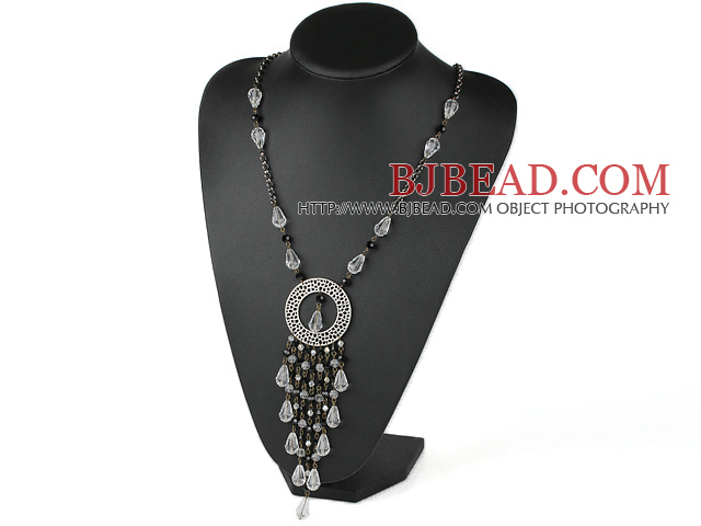 Black and Clear Crystal Necklace with Bronze Chain