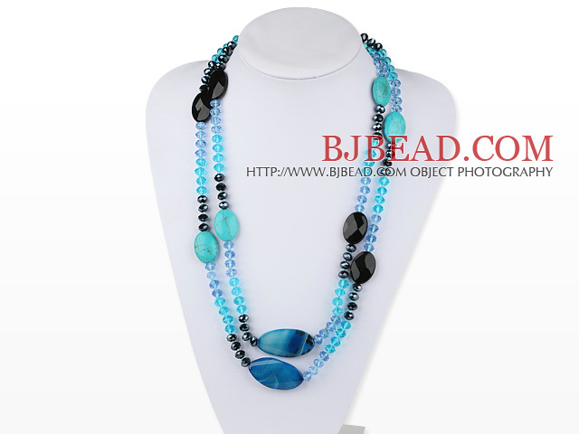 51.2 inches long style peaceful blue agate turquoise and crystal necklace
