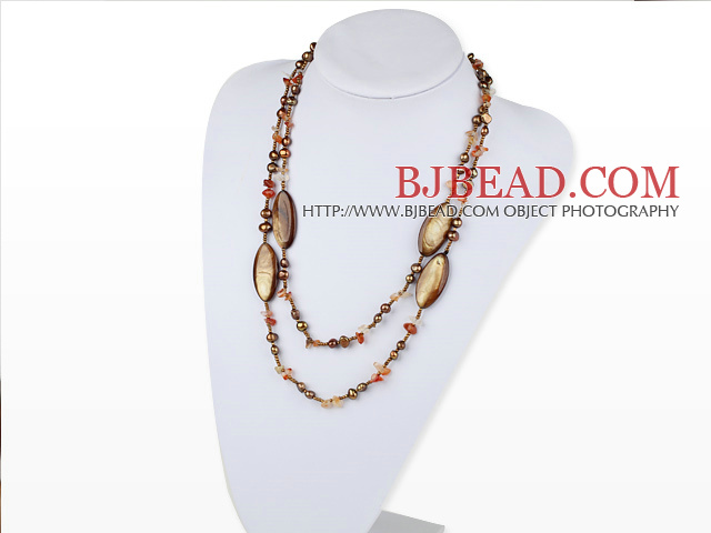47.2 inches long style brown pearl shell and agate necklace
