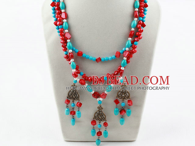 New Design Three Strands Red Coral and Turquoise Necklace