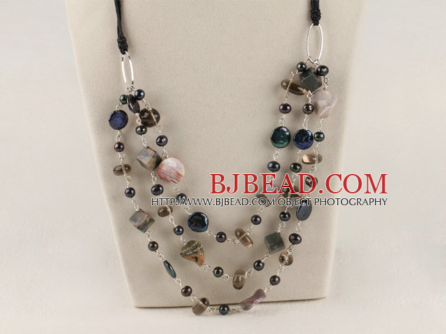 multi strand black pearl and India agate necklace with extendable chain