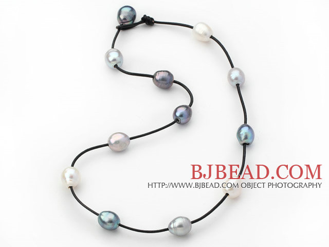 Single Strand 11-12mm White Gray and Black Freshwater Pearl Necklace with Black Leather