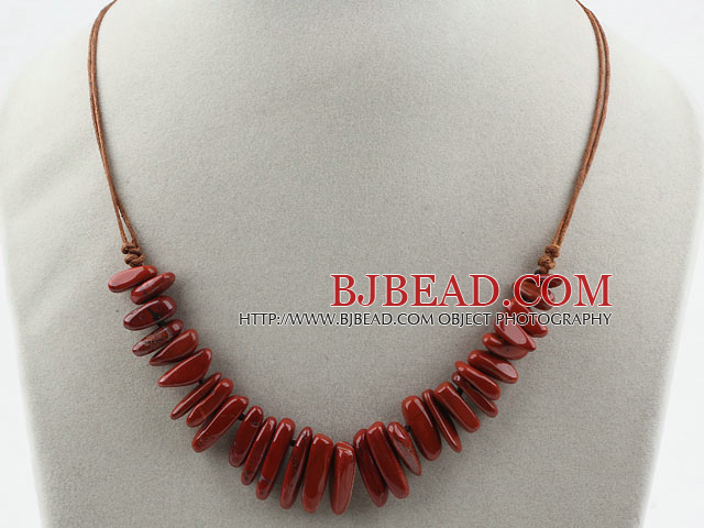 Simple Style Long Teeth Shape Red Jasper Necklace with Brown Thread