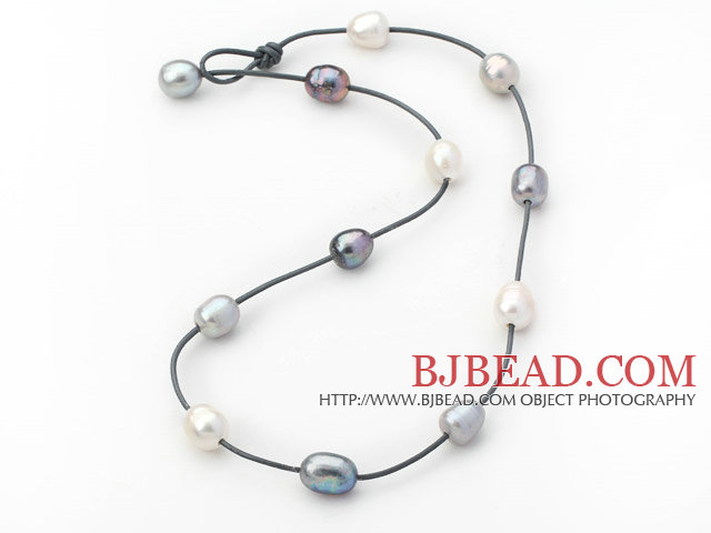 Single Strand 11-12mm White Gray and Black Freshwater Pearl Necklace with Dark Gray Leather