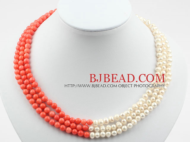 Three Strands 5-6mm Round White Freshwater Pearl and Red Coral Necklace