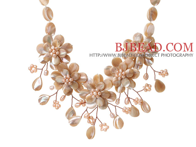 Fashion Beautiful Design Drop Shape Shell and Pink Freshwater Pearl Flower Necklace