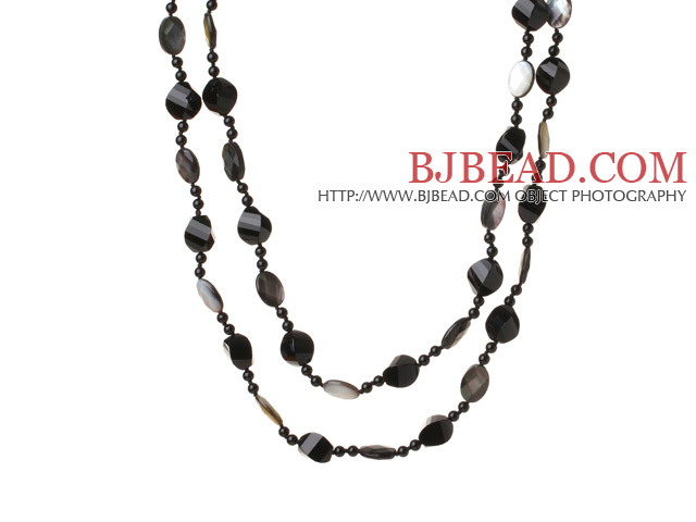 Lont Style A Grade Black Agate Beads and Faceted Black lip Shell Necklace