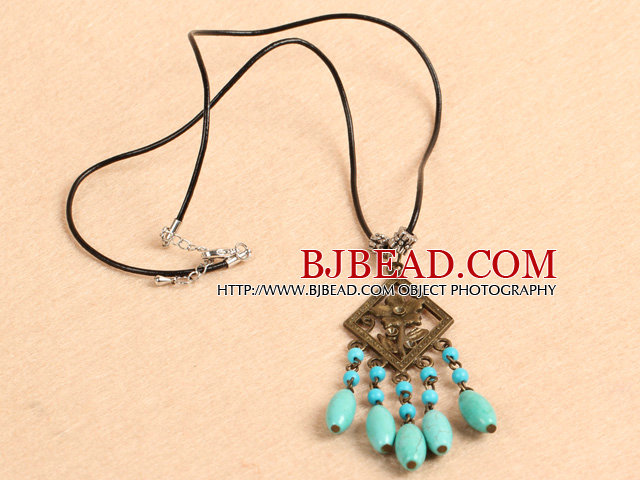 Simple Retro Style Chandelier Shape Green & Blue Turquoise Beads Tassel Pendant Necklace With Black Leather