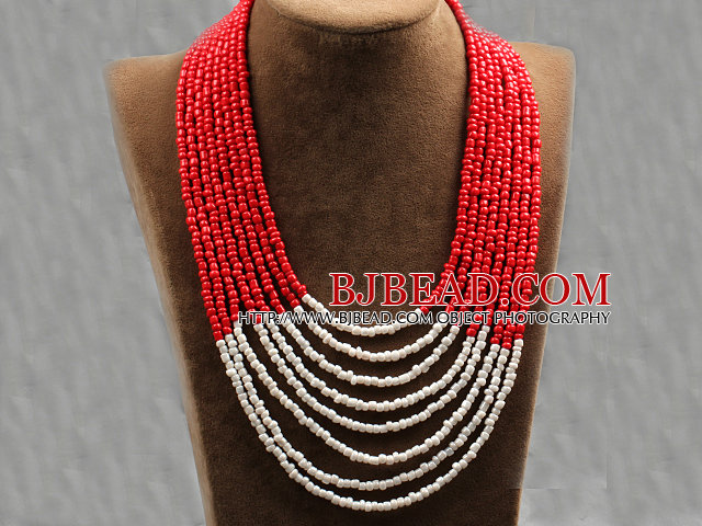 Multi Strands Multi Layered 4-5mm Red and White Plastic Seed Necklace