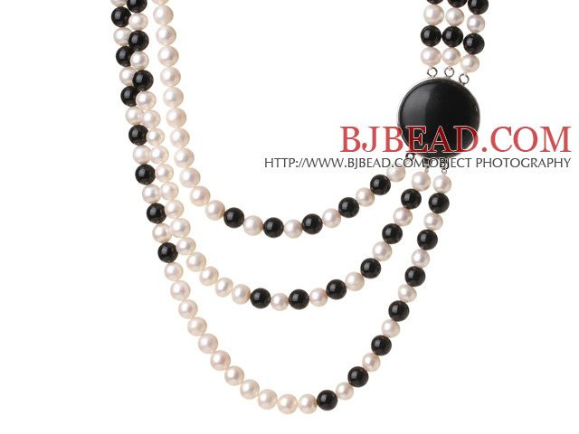 Trendy Elegant Style Three Layer Round Natural White Pearl and Black Agate Beaded Necklace