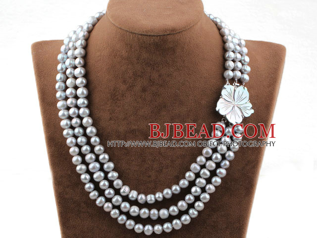Three Strands Gray Freshwater Pearl Necklace with Shell Flower Clasp