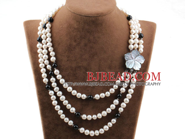 Three Strands White Freshwater Pearl and Black Agate Necklace with Shell Flower Clasp