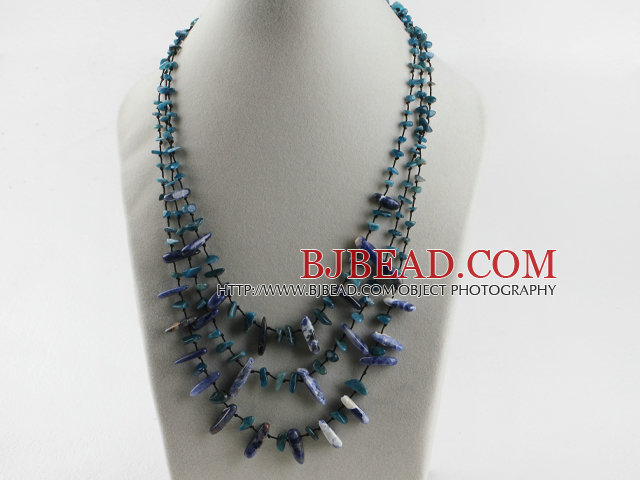 three strand sodalite chips necklace with lobster clasp