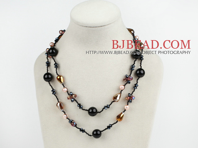 Long Style Black Agate and Crystal Necklace