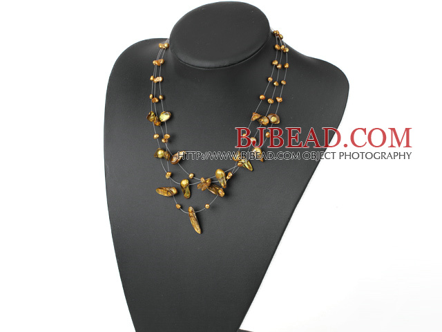 Three Strands Yellow Green Teeth Shape Pearl Necklace