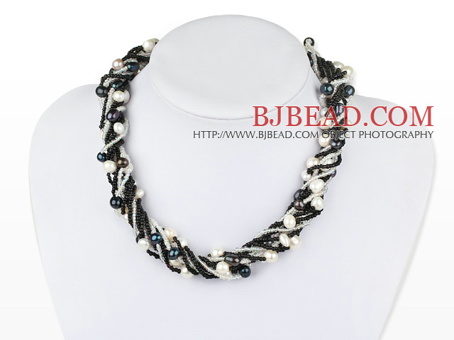 Long Style Multi Strands Black and White Freshwater Pearl Necklace