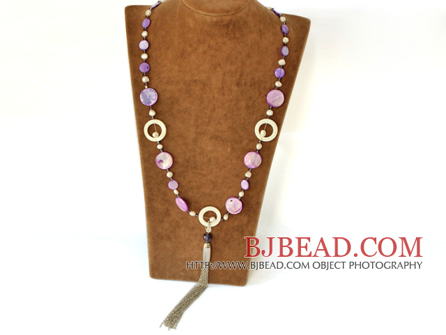 27.5 inches white pearl and dyed purple shell long style necklace