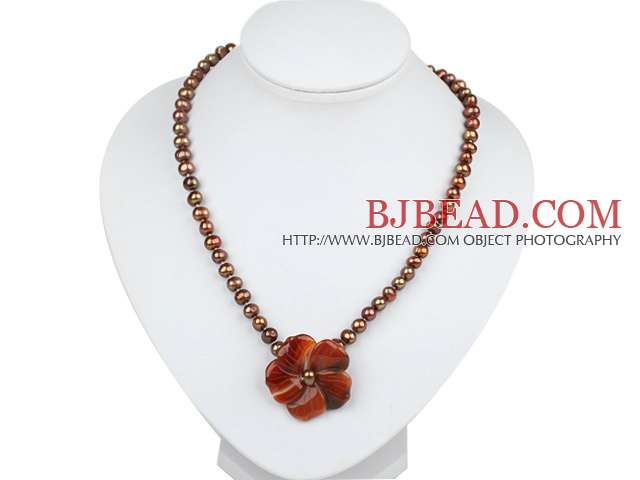 brown pearl agate flower necklace with lobster clasp