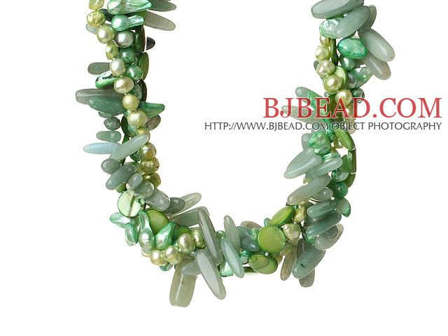 Popular Nice Twisted Green Pearl Shell Aventurine and Manmade Faceted Crystal Necklace