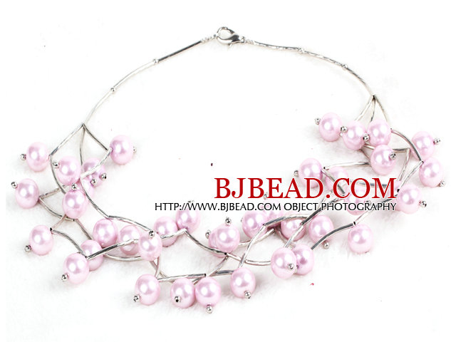 Trendy Style Multi Strand Pink Purple Seashell Beads Twisted Necklace With Bending Alloyed Tube