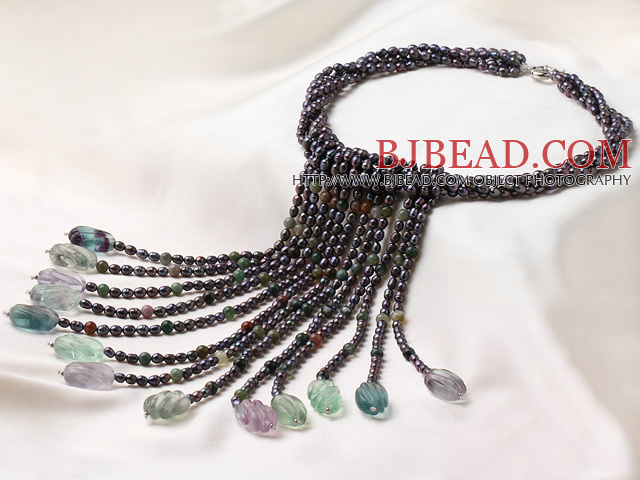 2014 Gorgeous Vintage Style Black Pearl Fluorite and Indian Agate Party Necklace with Tassel