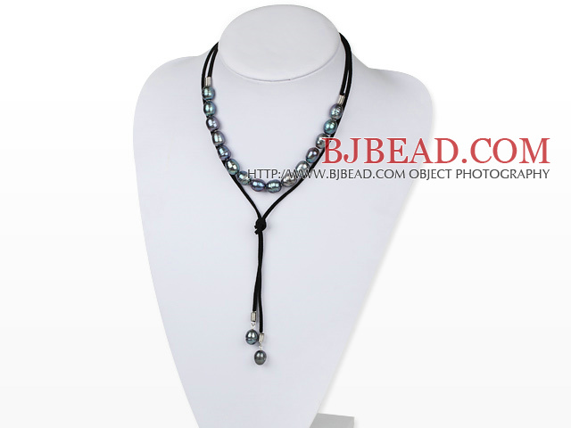 Simple Design Black Screw Freshwater Rice Pearl Necklace with Black Cord