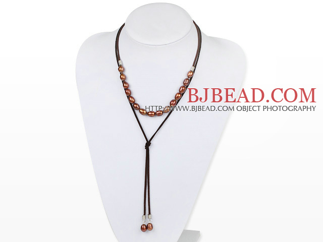 Simple Design Brown Screw Freshwater Rice Pearl Necklace with Light Brown Cord