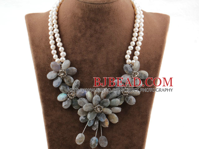 Big Style White Freshwater Pearl and Faceted Flashing Stone Flower Necklace