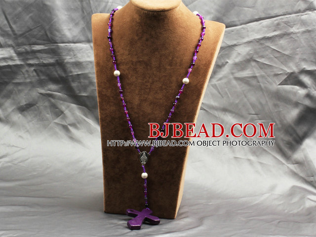 Classic Design Fashion Long Y Shape Purple Frosted Banded Agate Necklace With Cross Shape Turquoise Pendant