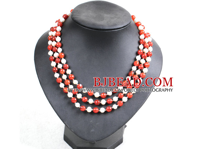 Beautiful 3 Strand Natural White Freshwater Pearl And Red Agate Beads Party Necklace With Shell Flower Clasp