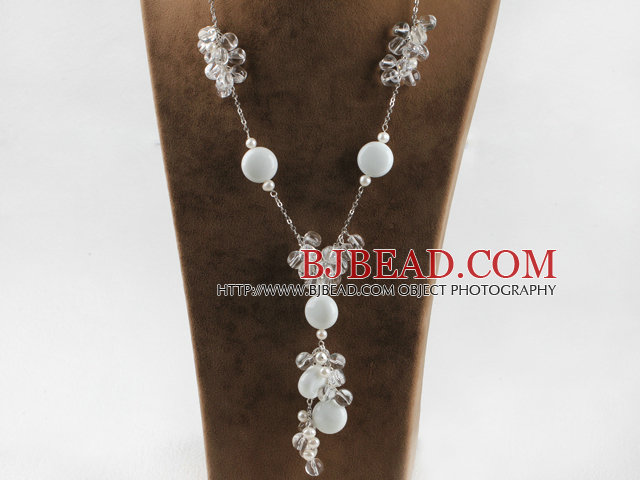 white pearl porcelain stone and clear crystal necklace