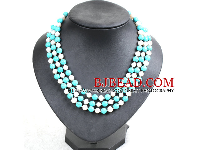 Beautiful 3 Strand Natural White Freshwater Pearl Turquoise Beads Party Necklace With Shell Flower Clasp