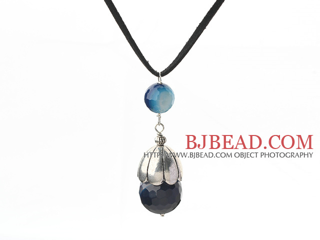 Simple Design Faceted Blue Agate Pendant Necklace