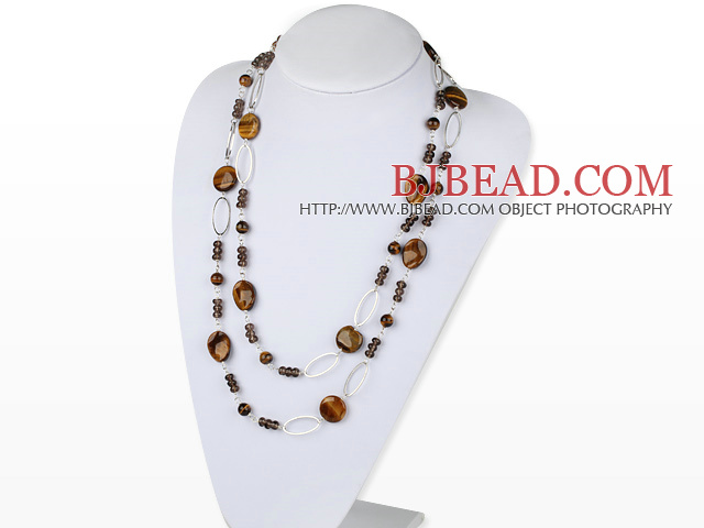 47.2 inches fashion long style tiger eye and smoky quartze necklace with metal loop