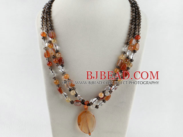 three strand smoky quartze and agate necklace with gem clasp