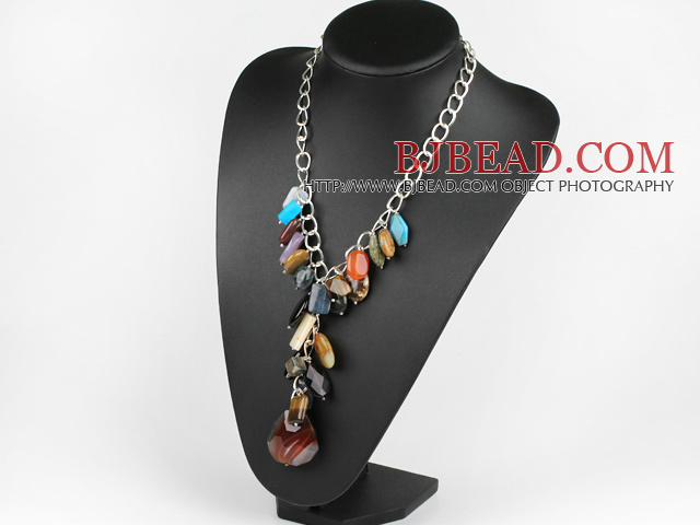 Y shape multi color gemstone necklace on metal chain