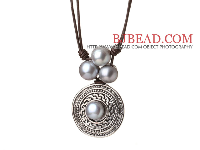 Amazing Trendy Design Single Strand Grey Freshwater Pearl Pendant Necklace with Brown Leather