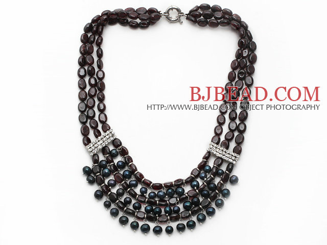 Multi Strand Garnet and Black FW Pearl Necklace