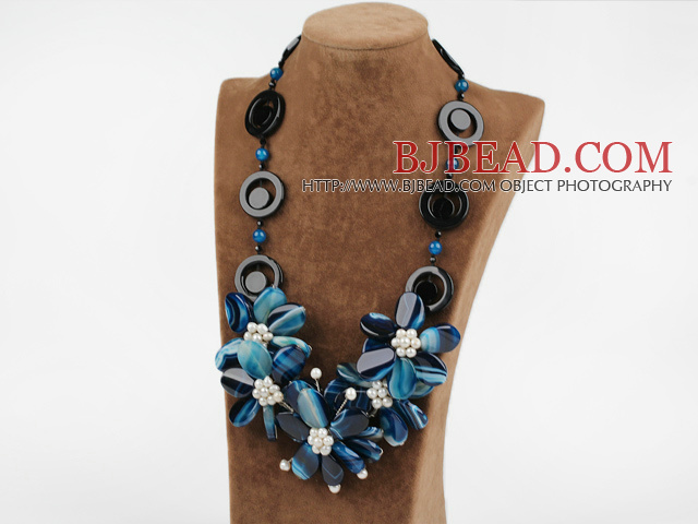 exquisite 23.6 inches white pearl blue agate flower necklace