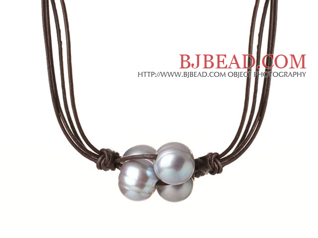 Fashion Simple Design 10-11mm Flower Shape Grey Pearl Beads with Dark Brown Leather Necklace