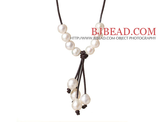 Fashion Simple Design 10-11mm White Freshwater Pearl Pendant Necklace with Dark Brown Leather