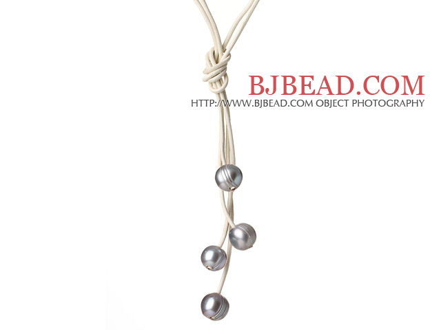 Fashion Simple Design 10-11mm Grey Freshwater Pearl Leather Necklace