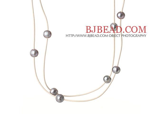 Long Simple Style 10-11mm Grey Freshwater Pearl Beads Leather Necklace
