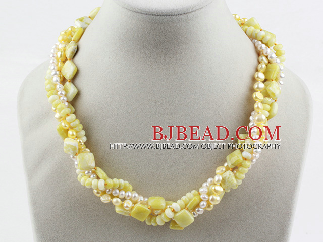 Multi Strand White Freshwater Pearl and Lemon Stone Necklace with Moonlight Clasp
