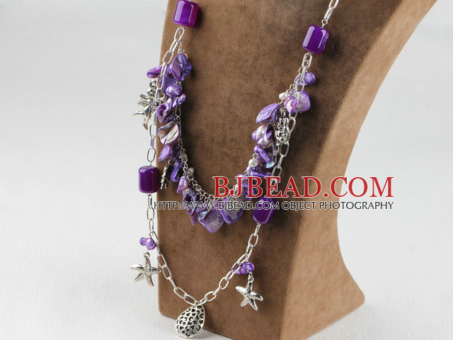 purple color pearl shell and agate necklace with star fish angle charm